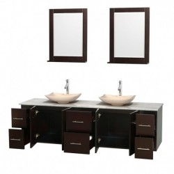 80 inch Double Bathroom Vanity in Espresso, White Carrera Marble Countertop, Arista Ivory Marble Sinks, and 24 inch Mirrors