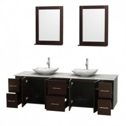 80 inch Double Bathroom Vanity in Espresso, White Carrera Marble Countertop, Arista White Carrera Marble Sinks, and 24 inch Mir
