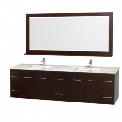 80 inch Double Bathroom Vanity in Espresso, White Carrera Marble Countertop, Square Porcelain Undermount Sinks, and 70 inch Mir