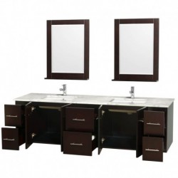 80 inch Double Bathroom Vanity in Espresso, White Carrera Marble Countertop, Undermount Square Sink, and 24 inch Mirrors