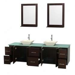 80 inch Double Bathroom Vanity in Espresso, Green Glass Countertop, Pyra Bone Porcelain Sinks, and 24 inch Mirrors