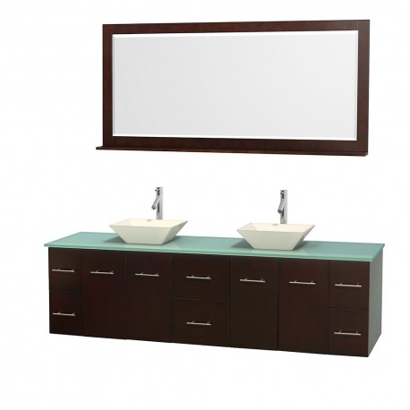 80 inch Double Bathroom Vanity in Espresso, Green Glass Countertop, Pyra Bone Porcelain Sinks, and 70 inch Mirror