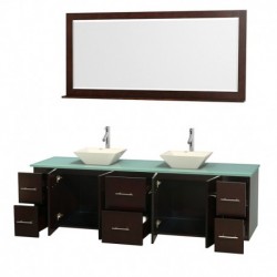 80 inch Double Bathroom Vanity in Espresso, Green Glass Countertop, Pyra Bone Porcelain Sinks, and 70 inch Mirror