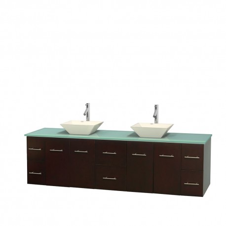 80 inch Double Bathroom Vanity in Espresso, Green Glass Countertop, Pyra Bone Porcelain Sinks, and No Mirror