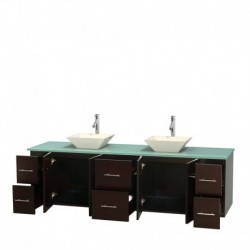 80 inch Double Bathroom Vanity in Espresso, Green Glass Countertop, Pyra Bone Porcelain Sinks, and No Mirror