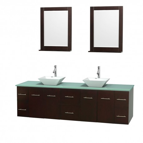 80 inch Double Bathroom Vanity in Espresso, Green Glass Countertop, Pyra White Porcelain Sinks, and 24 inch Mirrors