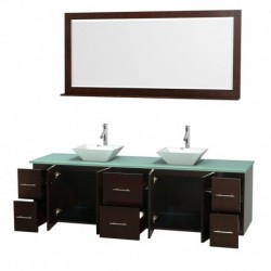 80 inch Double Bathroom Vanity in Espresso, Green Glass Countertop, Pyra White Porcelain Sinks, and 70 inch Mirror