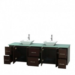 80 inch Double Bathroom Vanity in Espresso, Green Glass Countertop, Pyra White Porcelain Sinks, and No Mirror
