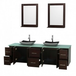 80 inch Double Bathroom Vanity in Espresso, Green Glass Countertop, Altair Black Granite Sinks, and 24 inch Mirrors