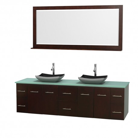 80 inch Double Bathroom Vanity in Espresso, Green Glass Countertop, Altair Black Granite Sinks, and 70 inch Mirror