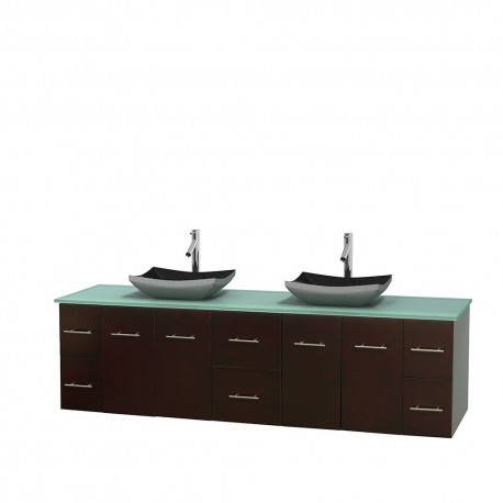 80 inch Double Bathroom Vanity in Espresso, Green Glass Countertop, Altair Black Granite Sinks, and No Mirror