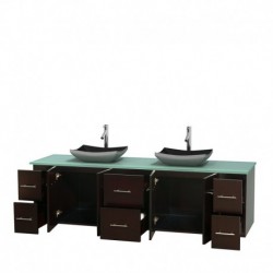 80 inch Double Bathroom Vanity in Espresso, Green Glass Countertop, Altair Black Granite Sinks, and No Mirror