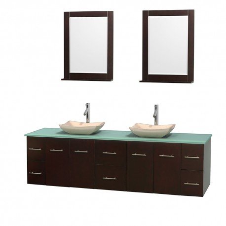 80 inch Double Bathroom Vanity in Espresso, Green Glass Countertop, Avalon Ivory Marble Sinks, and 24 inch Mirrors