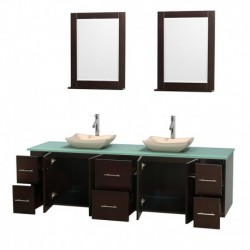 80 inch Double Bathroom Vanity in Espresso, Green Glass Countertop, Avalon Ivory Marble Sinks, and 24 inch Mirrors