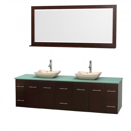 80 inch Double Bathroom Vanity in Espresso, Green Glass Countertop, Avalon Ivory Marble Sinks, and 70 inch Mirror