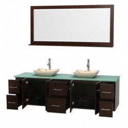 80 inch Double Bathroom Vanity in Espresso, Green Glass Countertop, Avalon Ivory Marble Sinks, and 70 inch Mirror