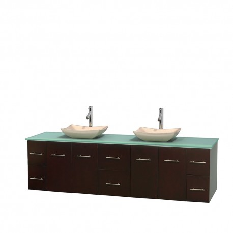 80 inch Double Bathroom Vanity in Espresso, Green Glass Countertop, Avalon Ivory Marble Sinks, and No Mirror