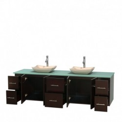80 inch Double Bathroom Vanity in Espresso, Green Glass Countertop, Avalon Ivory Marble Sinks, and No Mirror