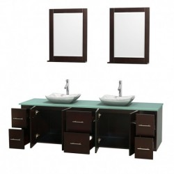 80 inch Double Bathroom Vanity in Espresso, Green Glass Countertop, Avalon White Carrera Marble Sinks, and 24 inch Mirrors