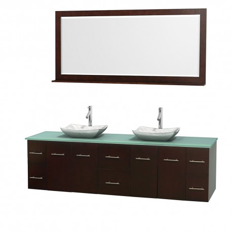80 inch Double Bathroom Vanity in Espresso, Green Glass Countertop, Avalon White Carrera Marble Sinks, and 70 inch Mirror