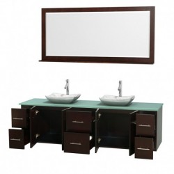 80 inch Double Bathroom Vanity in Espresso, Green Glass Countertop, Avalon White Carrera Marble Sinks, and 70 inch Mirror