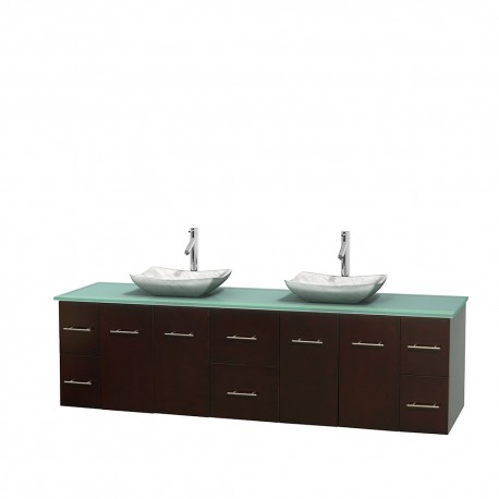 80 inch Double Bathroom Vanity in Espresso, Green Glass Countertop, Avalon White Carrera Marble Sinks, and No Mirror