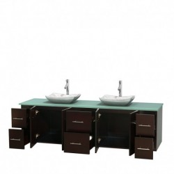 80 inch Double Bathroom Vanity in Espresso, Green Glass Countertop, Avalon White Carrera Marble Sinks, and No Mirror