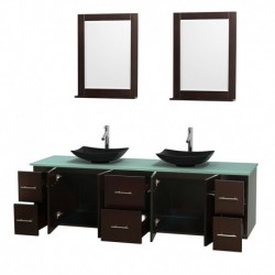 80 inch Double Bathroom Vanity in Espresso, Green Glass Countertop, Arista Black Granite Sinks, and 24 inch Mirrors