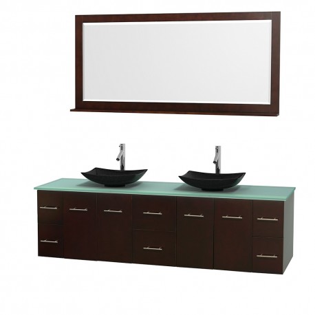 80 inch Double Bathroom Vanity in Espresso, Green Glass Countertop, Arista Black Granite Sinks, and 70 inch Mirror