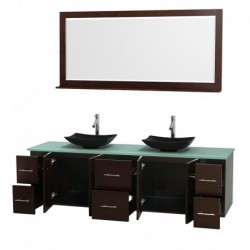 80 inch Double Bathroom Vanity in Espresso, Green Glass Countertop, Arista Black Granite Sinks, and 70 inch Mirror