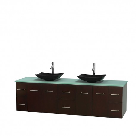 80 inch Double Bathroom Vanity in Espresso, Green Glass Countertop, Arista Black Granite Sinks, and No Mirror
