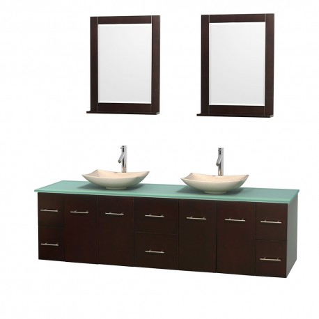 80 inch Double Bathroom Vanity in Espresso, Green Glass Countertop, Arista Ivory Marble Sinks, and 24 inch Mirrors