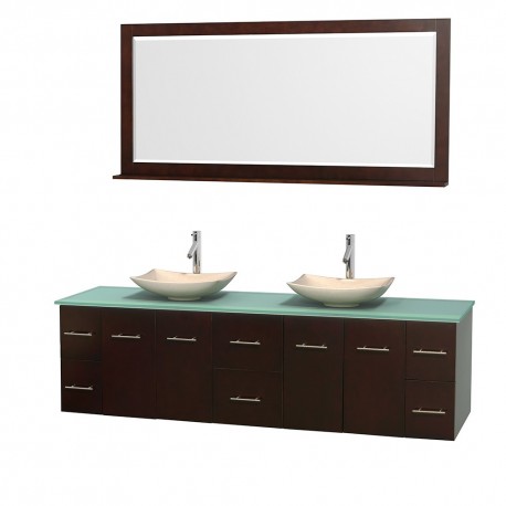 80 inch Double Bathroom Vanity in Espresso, Green Glass Countertop, Arista Ivory Marble Sinks, and 70 inch Mirror