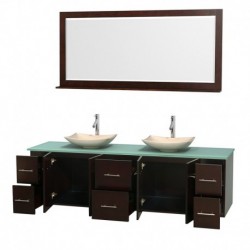 80 inch Double Bathroom Vanity in Espresso, Green Glass Countertop, Arista Ivory Marble Sinks, and 70 inch Mirror