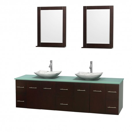 80 inch Double Bathroom Vanity in Espresso, Green Glass Countertop, Arista White Carrera Marble Sinks, and 24 inch Mirrors