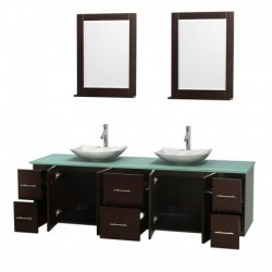 80 inch Double Bathroom Vanity in Espresso, Green Glass Countertop, Arista White Carrera Marble Sinks, and 24 inch Mirrors