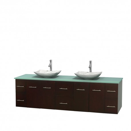 80 inch Double Bathroom Vanity in Espresso, Green Glass Countertop, Arista White Carrera Marble Sinks, and No Mirror