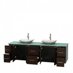 80 inch Double Bathroom Vanity in Espresso, Green Glass Countertop, Arista White Carrera Marble Sinks, and No Mirror