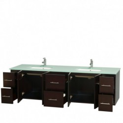 80 inch Double Bathroom Vanity in Espresso, Green Glass Countertop, Undermount Square Sinks, and No Mirror
