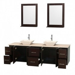 80 inch Double Bathroom Vanity in Espresso, Ivory Marble Countertop, Pyra Bone Porcelain Sinks, and 24 inch Mirrors