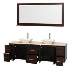 80 inch Double Bathroom Vanity in Espresso, Ivory Marble Countertop, Pyra Bone Porcelain Sinks, and 70 inch Mirror