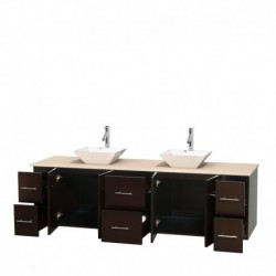 80 inch Double Bathroom Vanity in Espresso, Ivory Marble Countertop, Pyra White Porcelain Sinks, and No Mirror