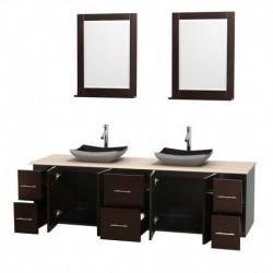 80 inch Double Bathroom Vanity in Espresso, Ivory Marble Countertop, Altair Black Granite Sinks, and 24 inch Mirrors