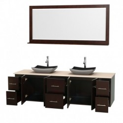 80 inch Double Bathroom Vanity in Espresso, Ivory Marble Countertop, Altair Black Granite Sinks, and 70 inch Mirror