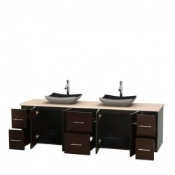 80 inch Double Bathroom Vanity in Espresso, Ivory Marble Countertop, Altair Black Granite Sinks, and No Mirror