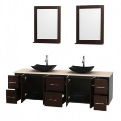 80 inch Double Bathroom Vanity in Espresso, Ivory Marble Countertop, Arista Black Granite Sinks, and 24 inch Mirrors