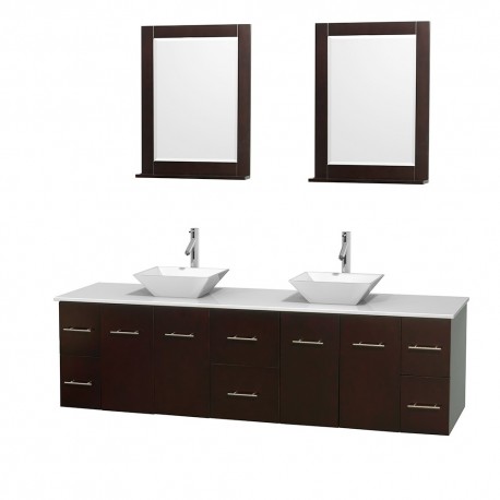 80 inch Double Bathroom Vanity in Espresso, White Man-Made Stone Countertop, Pyra White Porcelain Sinks, and 24 inch Mirrors