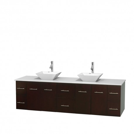 80 inch Double Bathroom Vanity in Espresso, White Man-Made Stone Countertop, Pyra White Porcelain Sinks, and No Mirror