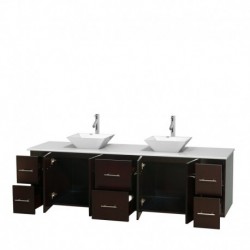 80 inch Double Bathroom Vanity in Espresso, White Man-Made Stone Countertop, Pyra White Porcelain Sinks, and No Mirror