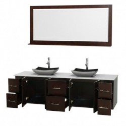 80 inch Double Bathroom Vanity in Espresso, White Man-Made Stone Countertop, Altair Black Granite Sinks, and 70 inch Mirror